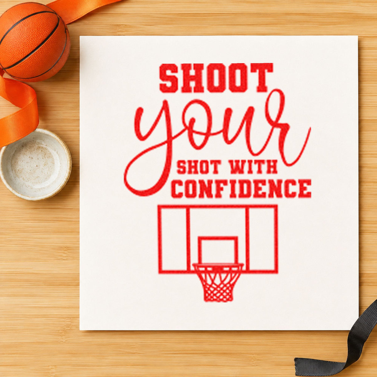 Shoot Shot With Confidence craft stamp imprint in red ink on a handmade project, one idea being entry slip cards.