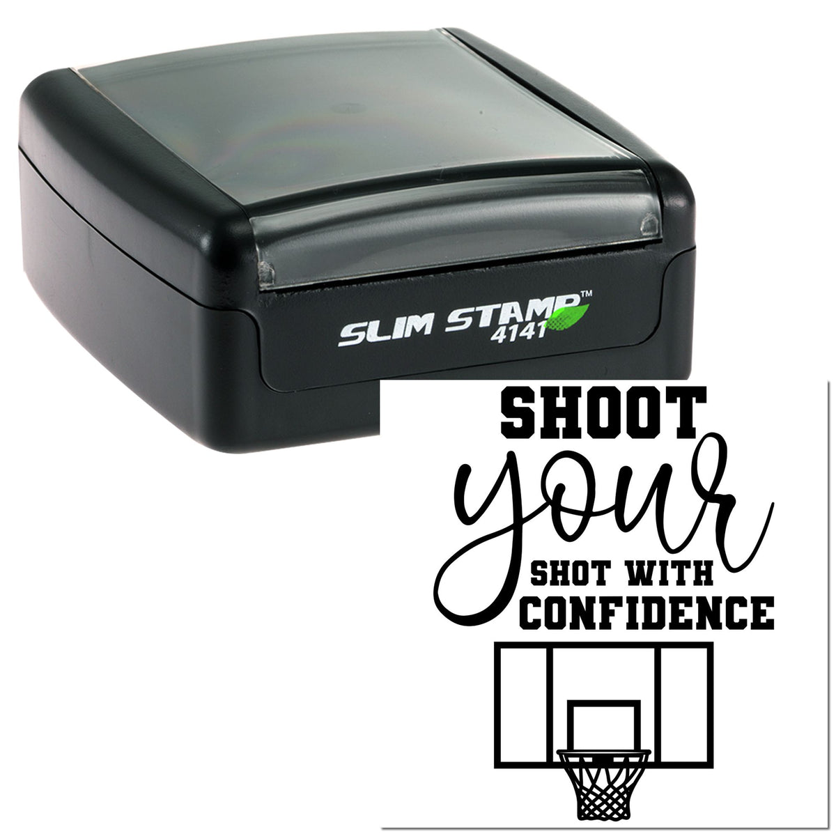 Black Slim Stamp 4141 self-inking seal with clear cover and sample imprint, shoot your shot with confidence and hoop icon.