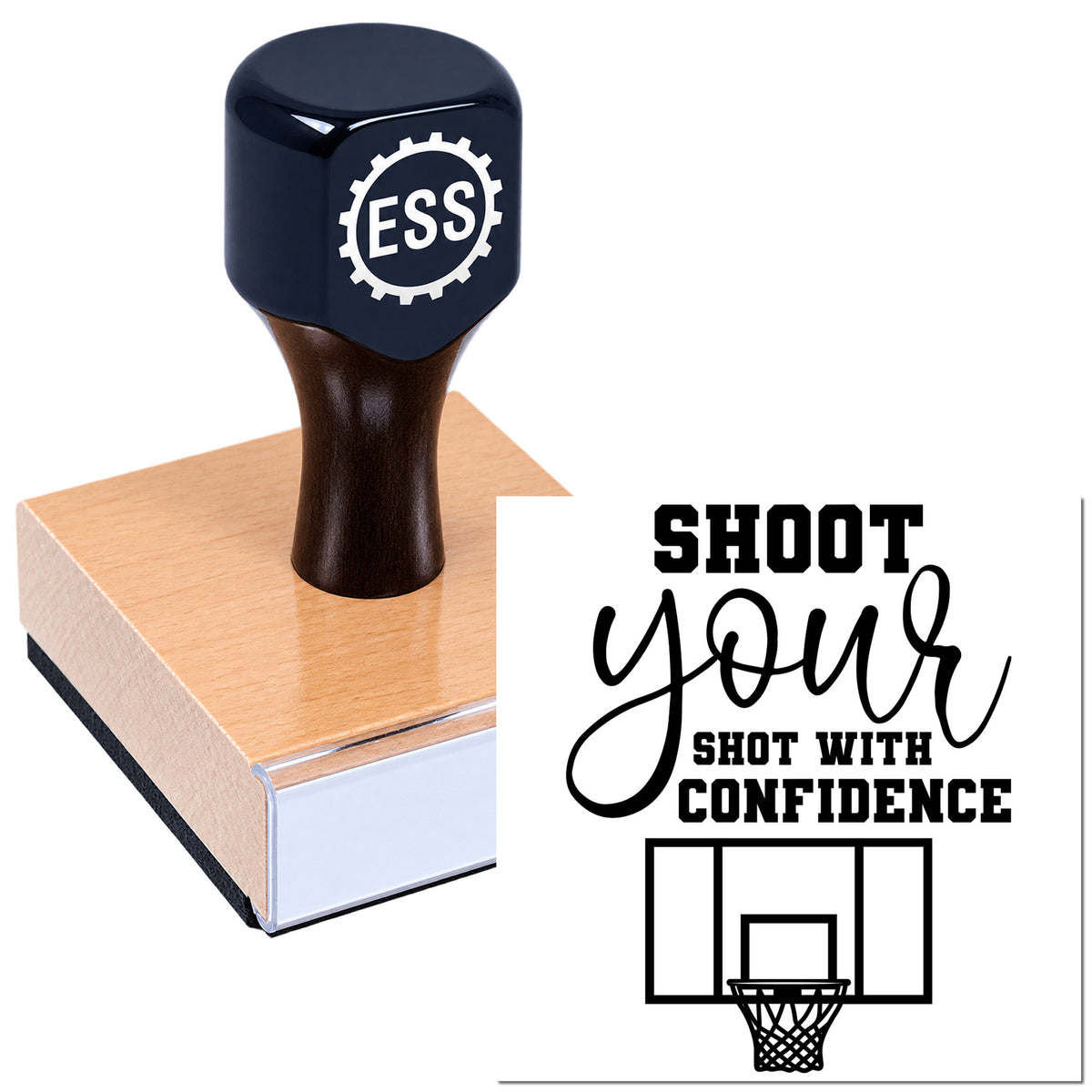 Black self-inking stamp and seal with ESS logo on pink block; "Shoot your shot with confidence" basketball design.