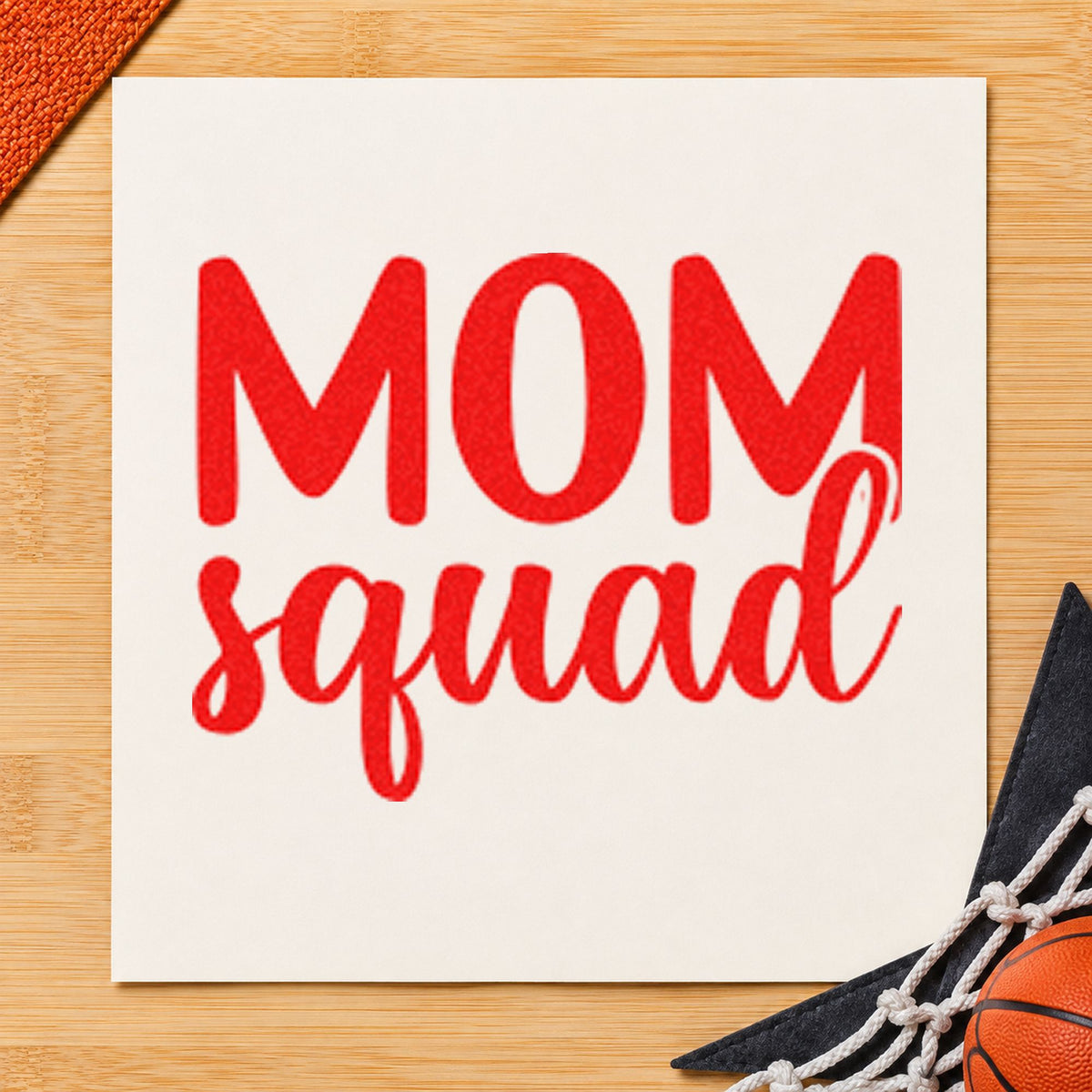 Mom Squad Bold Script rubber stamp shown in red ink, stamped for projects such as bin fan labels.