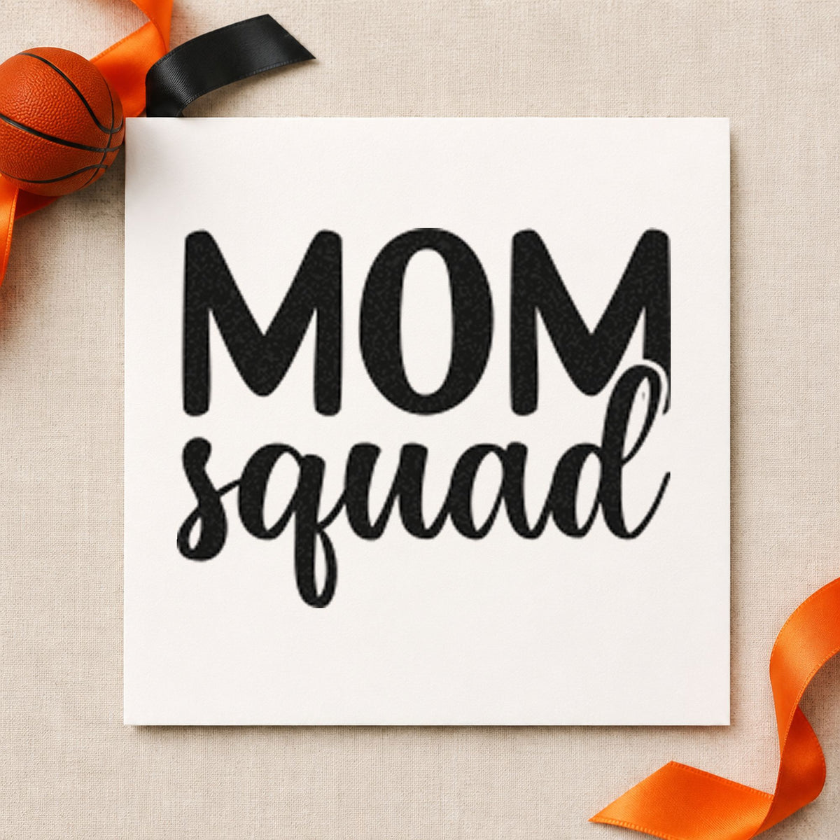 Mom Squad Bold Script rubber stamp printed in black ink, ready for bold script cards and similar paper crafts.