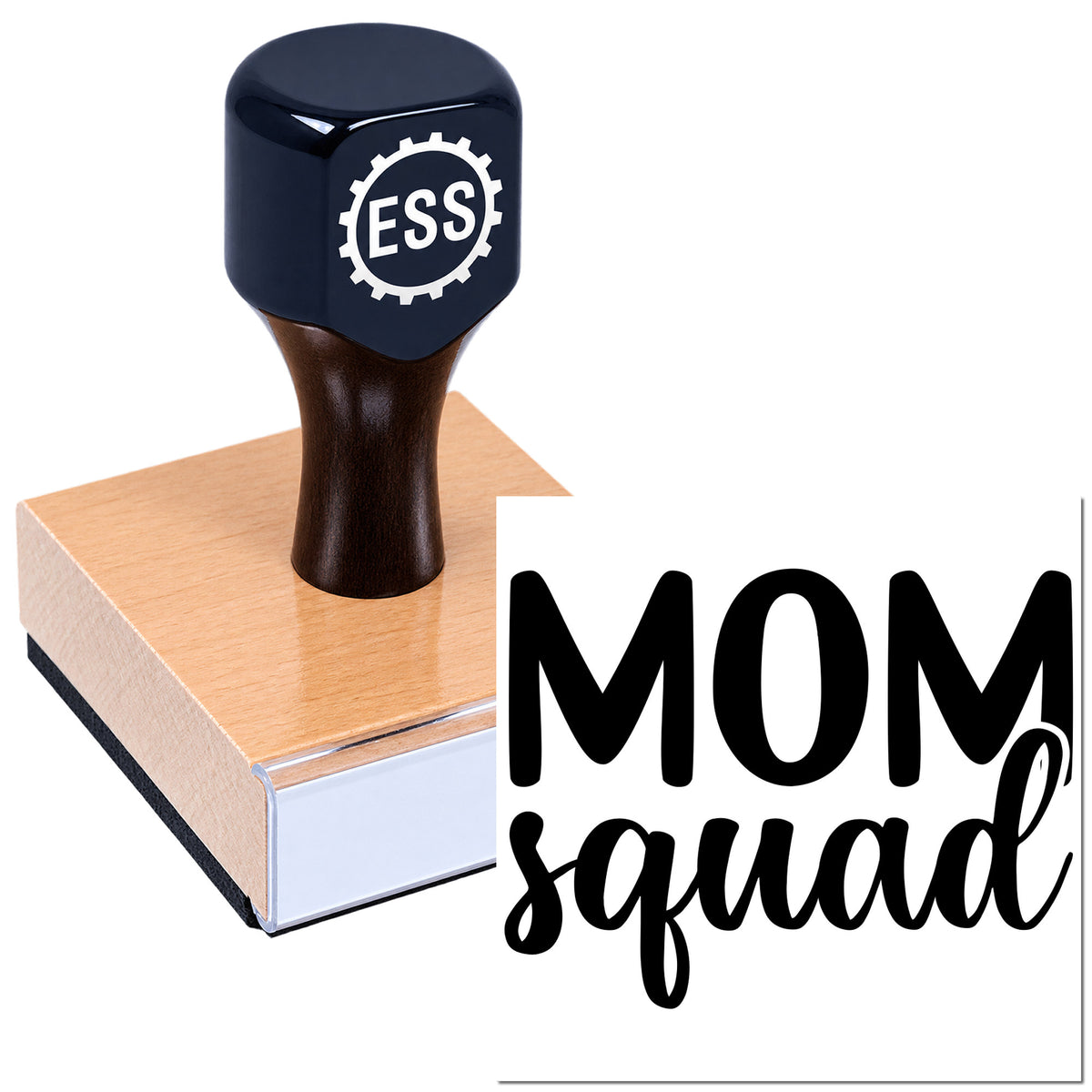 Black ESS gear-logo custom stamp on a copper seal block with "MOM squad" in bold black on white.
