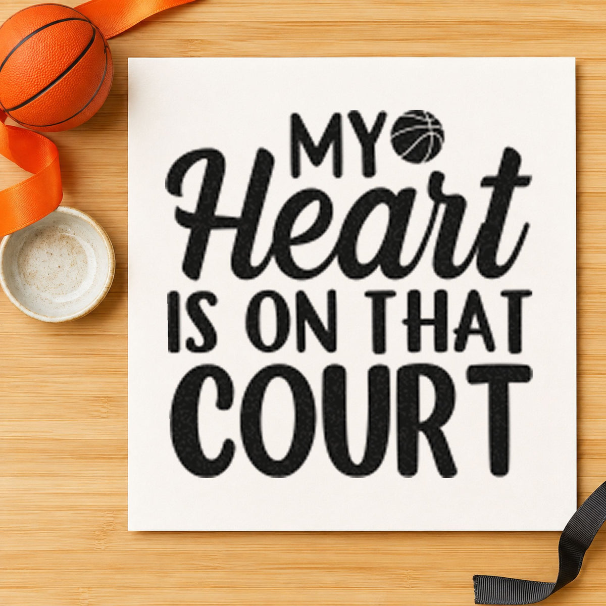 Heart On That Court craft stamp imprint in black ink on a handmade project, one idea being snack bowl gift tags.