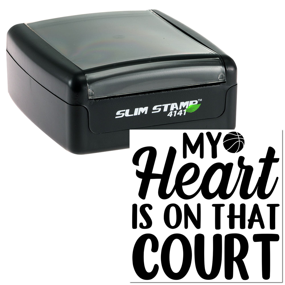 Black Slim Stamp 4141 self-inking stamp with translucent gray lid and custom court seal logo.