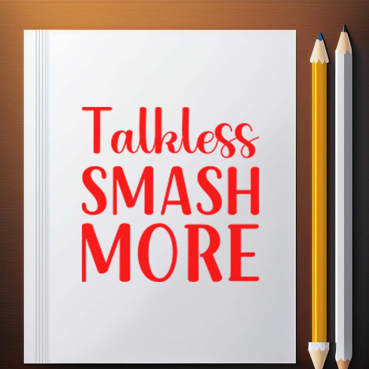 Red Talkless SMASH MORE stamp on white notebook page beside two pencils, highlighting stamp and seal products.