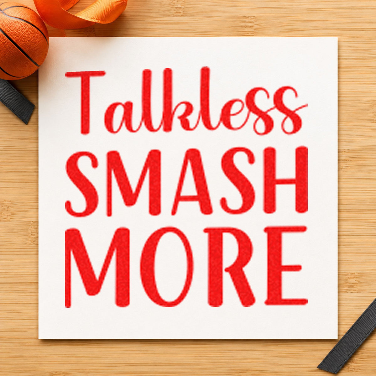 Talk Less Smash More craft stamp imprint in red ink on a handmade project, one idea being swing note cards.