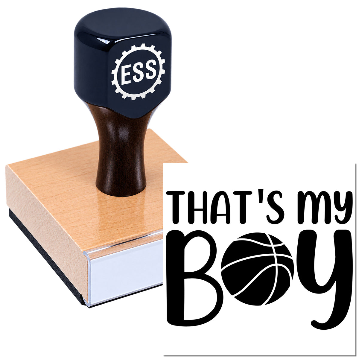 Dark blue ESS rubber stamp on a tan wooden block beside a white seal card reading "THAT'S my Boy" in bold black.