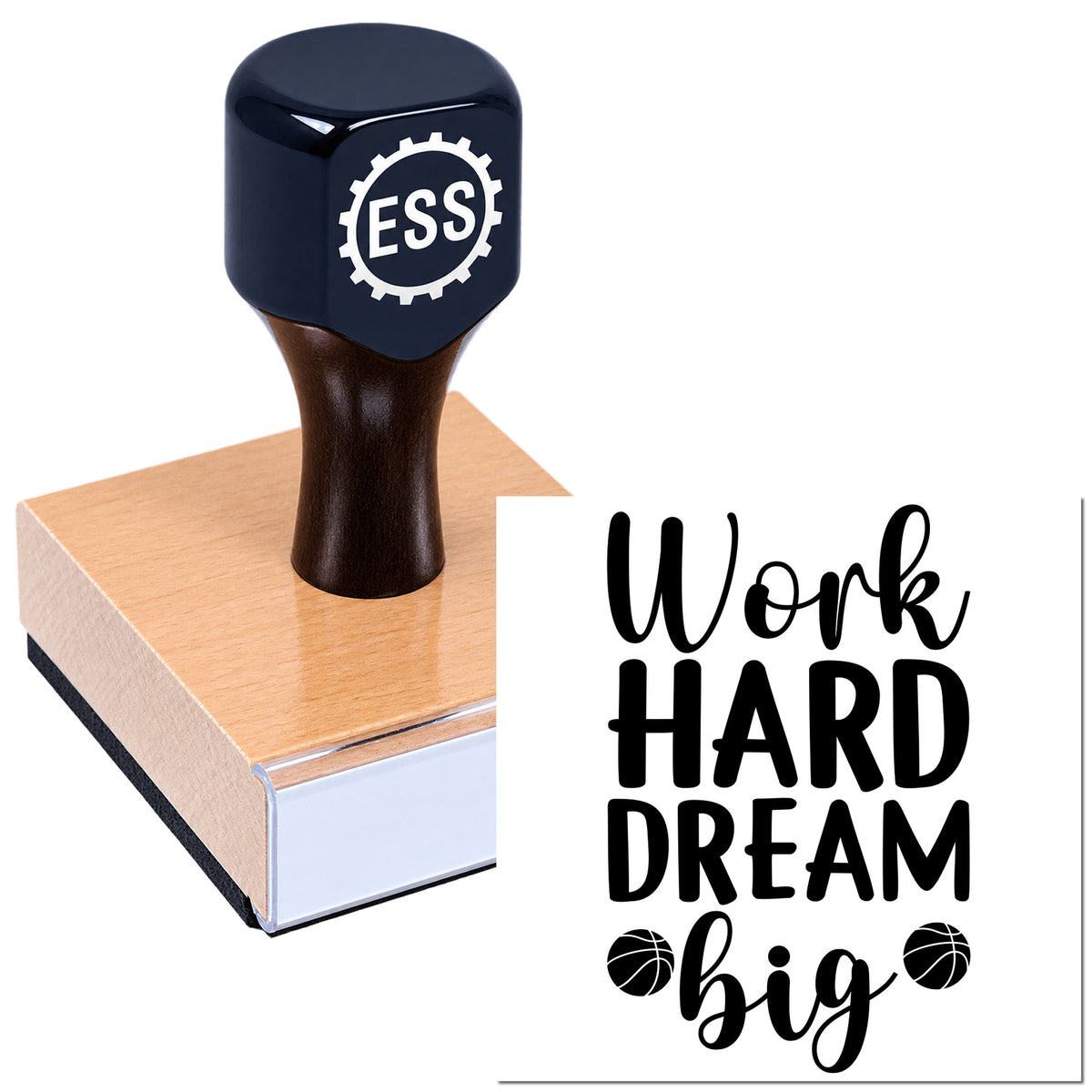 Dark blue ESS rubber seal stamp on wooden base with white Work Hard Dream Big text and basketball icons.