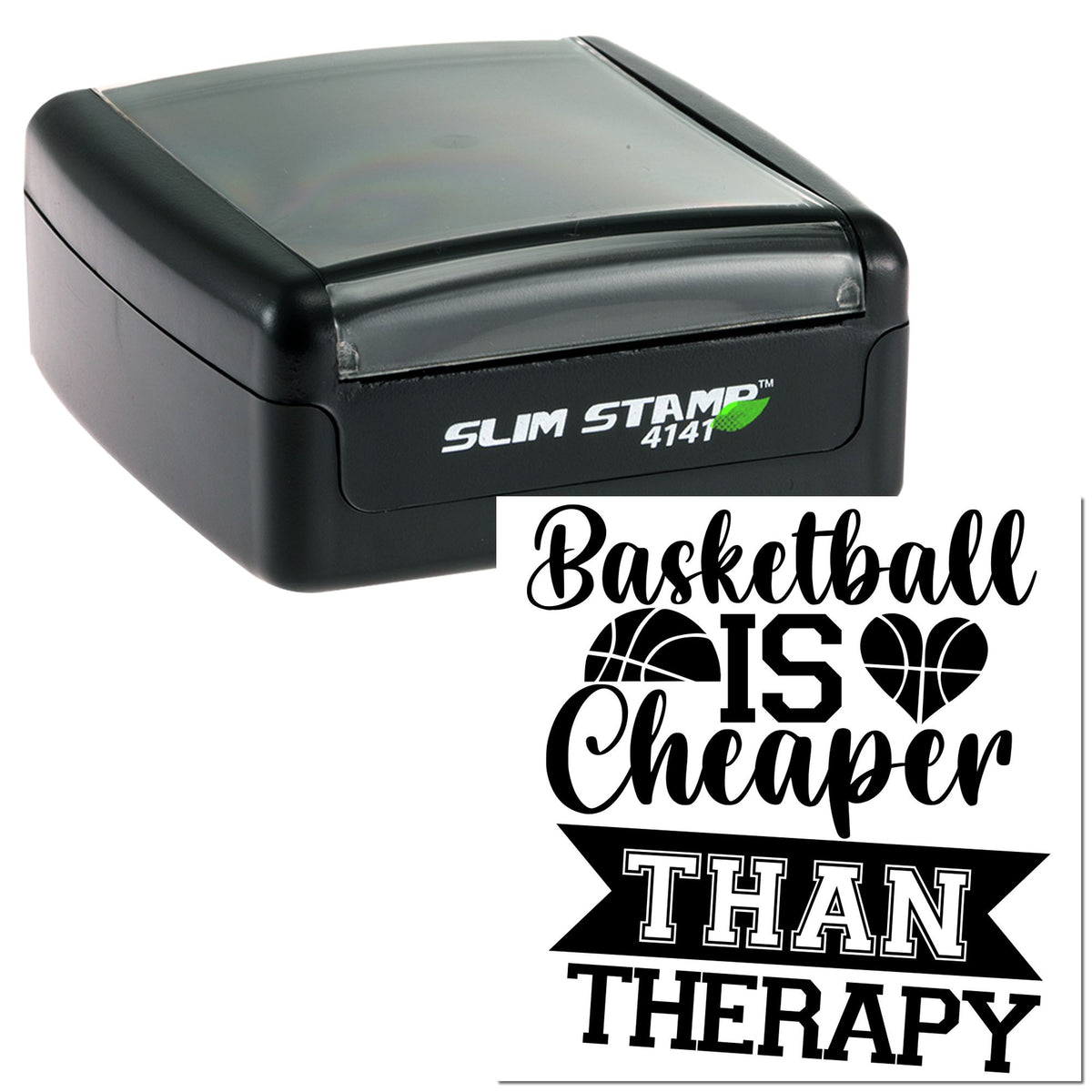 Black slim self-inking stamp and seal with basketball quote, white lettering and ball graphics.