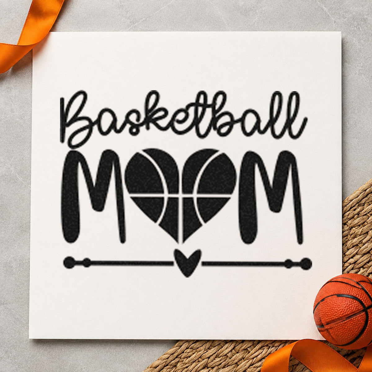 Basketball Mom Heart Letter craft stamp in black ink on cardstock, an easy option for snack table album page.