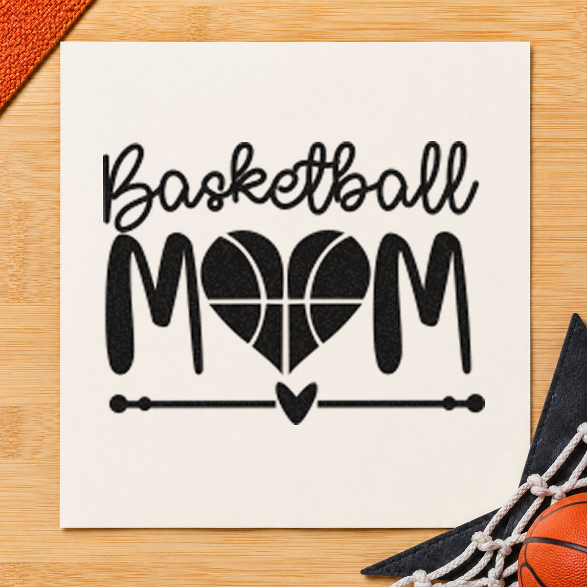 Basketball Mom Heart Letter craft stamp imprint in black ink on a handmade project, one idea being snack tray gift tags.