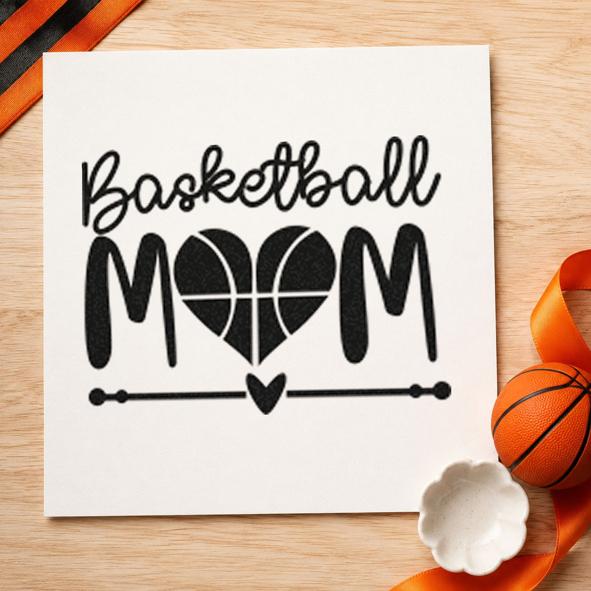 Basketball Mom Heart Letter rubber stamp printed in black ink, ready for spread plan sheet and similar paper crafts.