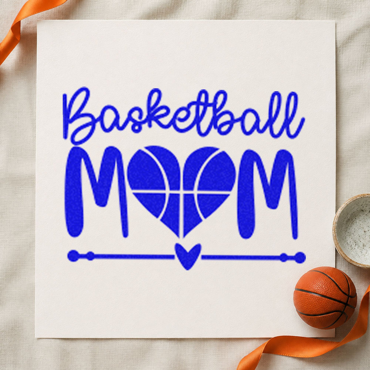 Basketball Mom Heart Letter craft stamp in blue ink on cardstock, an easy option for table runner printing.