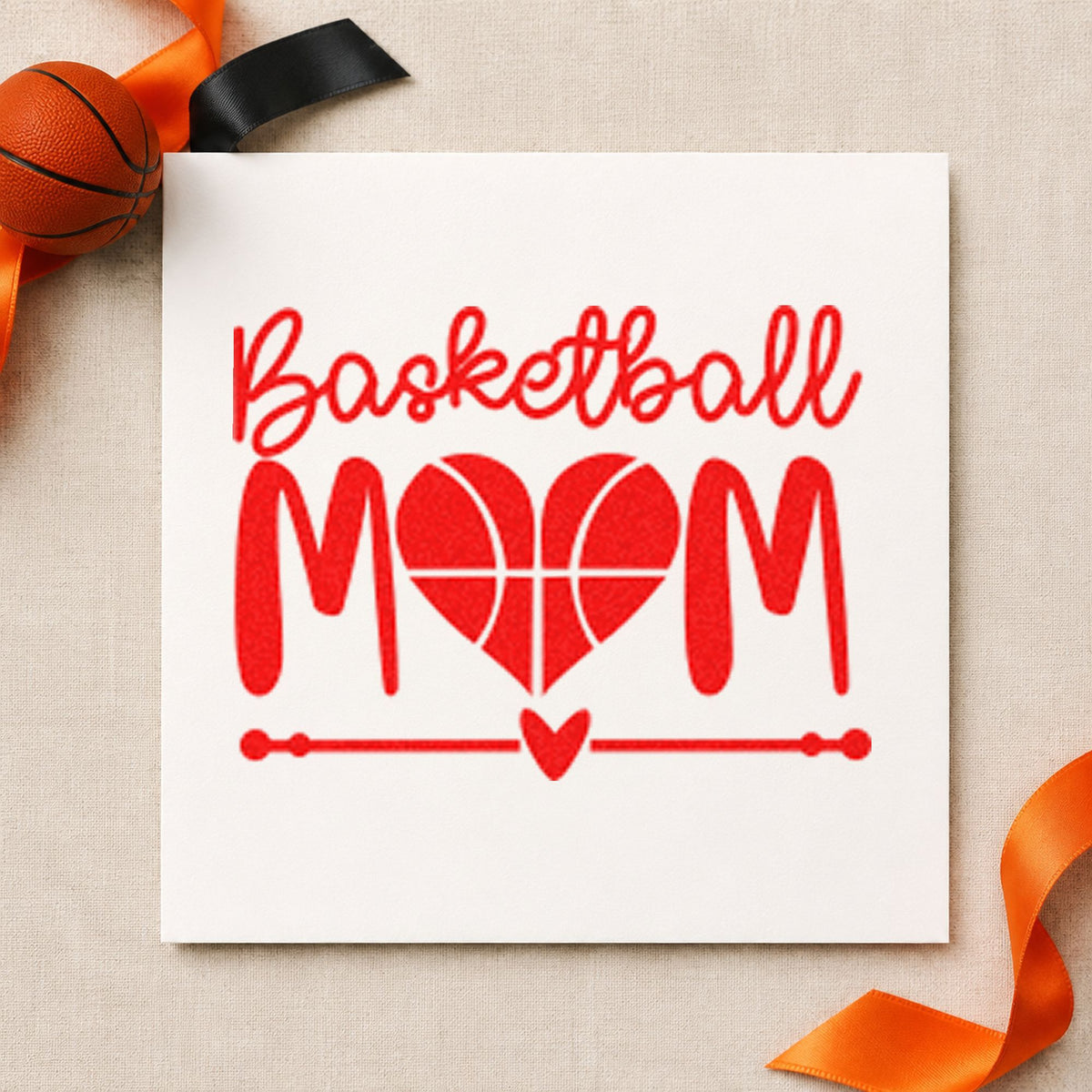 Basketball Mom Heart Letter craft stamp imprint in red ink on a handmade project, one idea being recipe note cards.