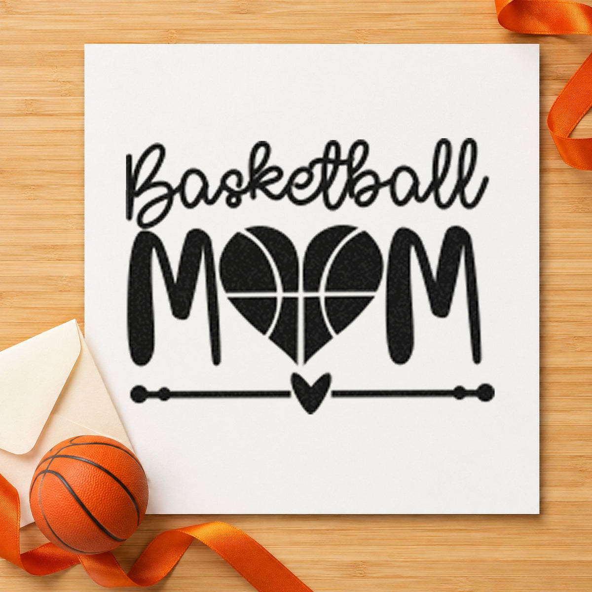 Basketball Mom Heart Letter rubber stamp printed in black ink, ready for pattern heart cards and similar paper crafts.