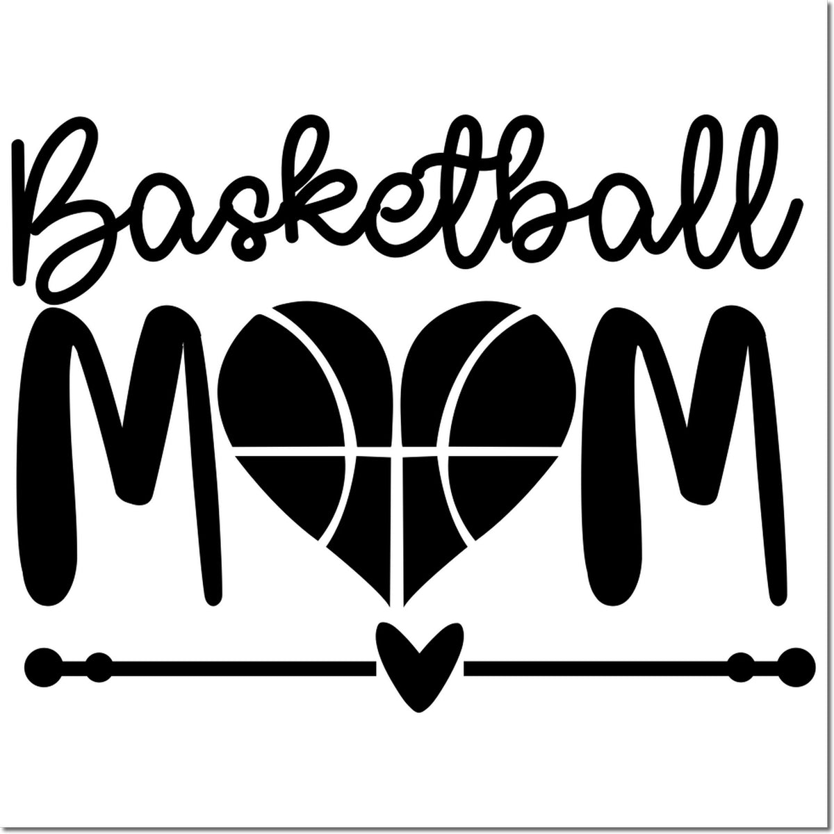 Black basketball MOM stamp and seal design with a heart-shaped basketball, decorative line, and small heart on white background.