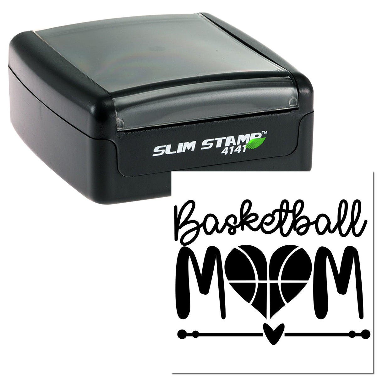 Black self-inking stamp and seal with basketball mom heart design, shown in black on a white background.
