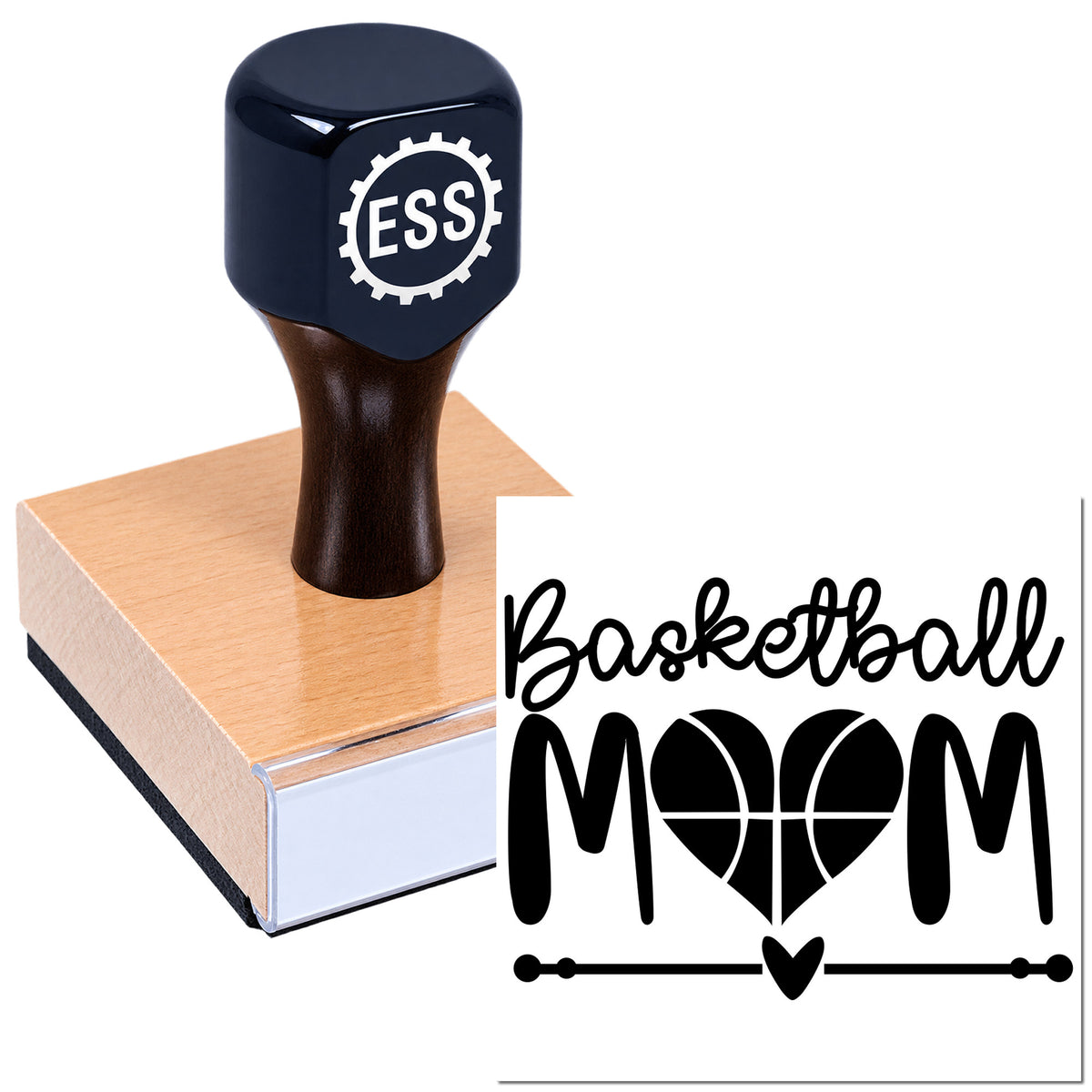 Black custom rubber stamp and seal on a copper-toned block, featuring a Basketball MOM heart design in bold black and white.