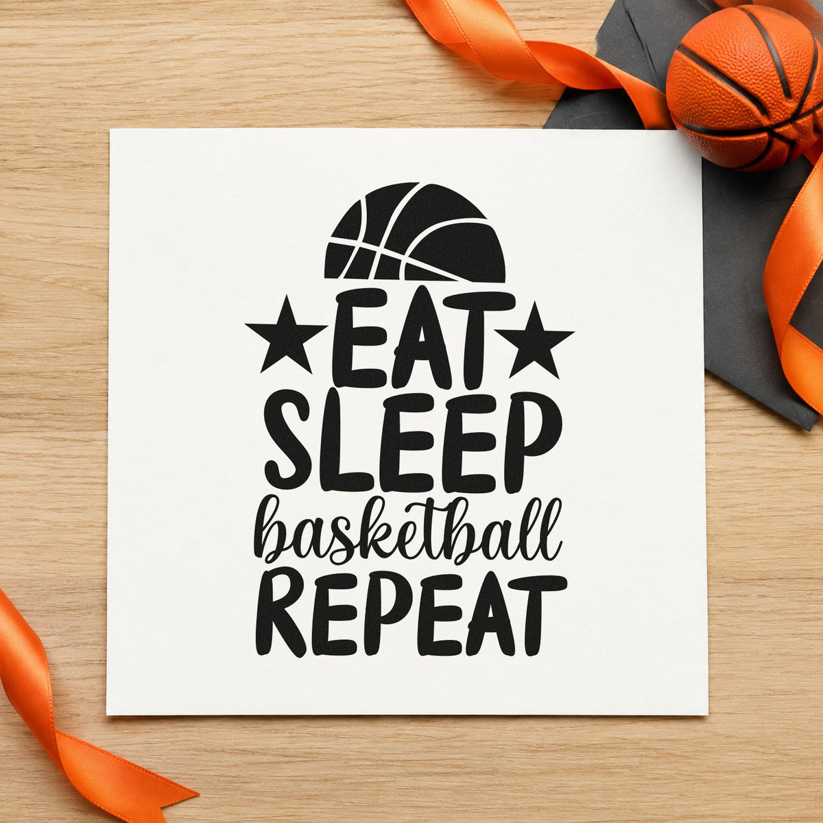 Eat Sleep Basketball Repeat craft stamp in black ink on cardstock, an easy option for summer album page.