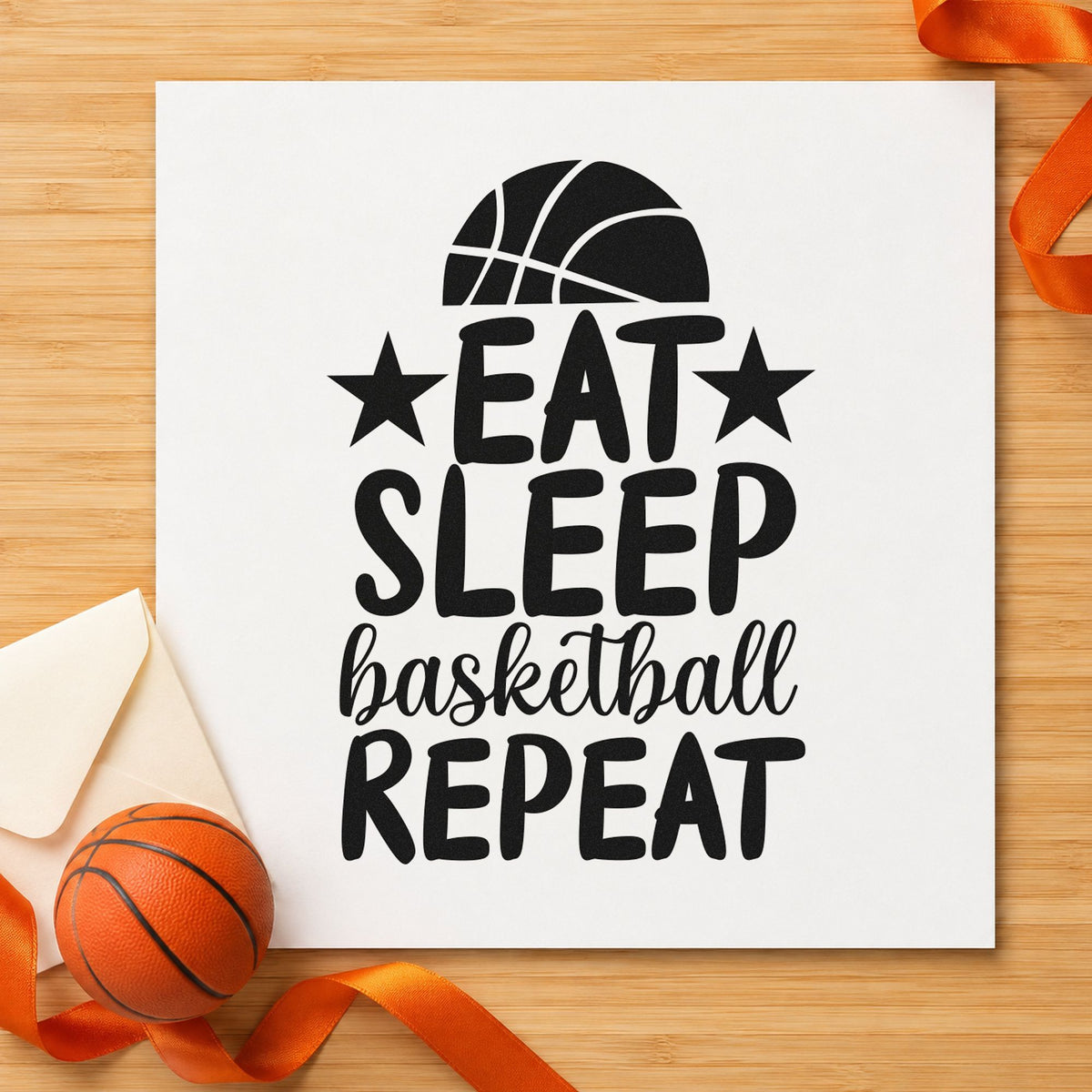 Eat Sleep Basketball Repeat rubber stamp printed in black ink, ready for daily rhythm sheet and similar paper crafts.