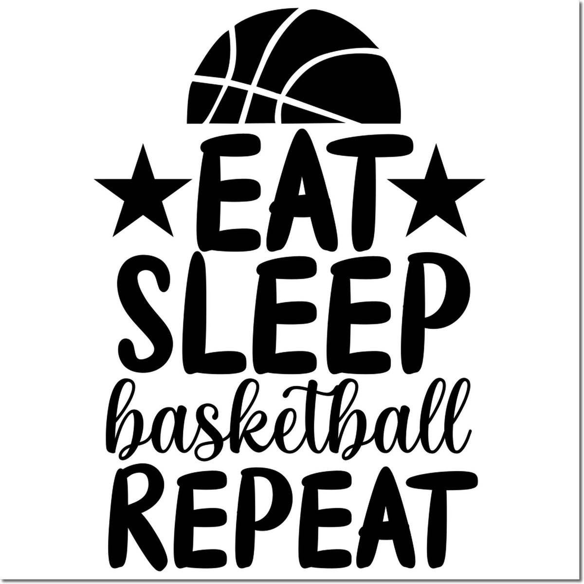 Black basketball stamp design with stars and bold text reading Eat Sleep Basketball Repeat on white background.