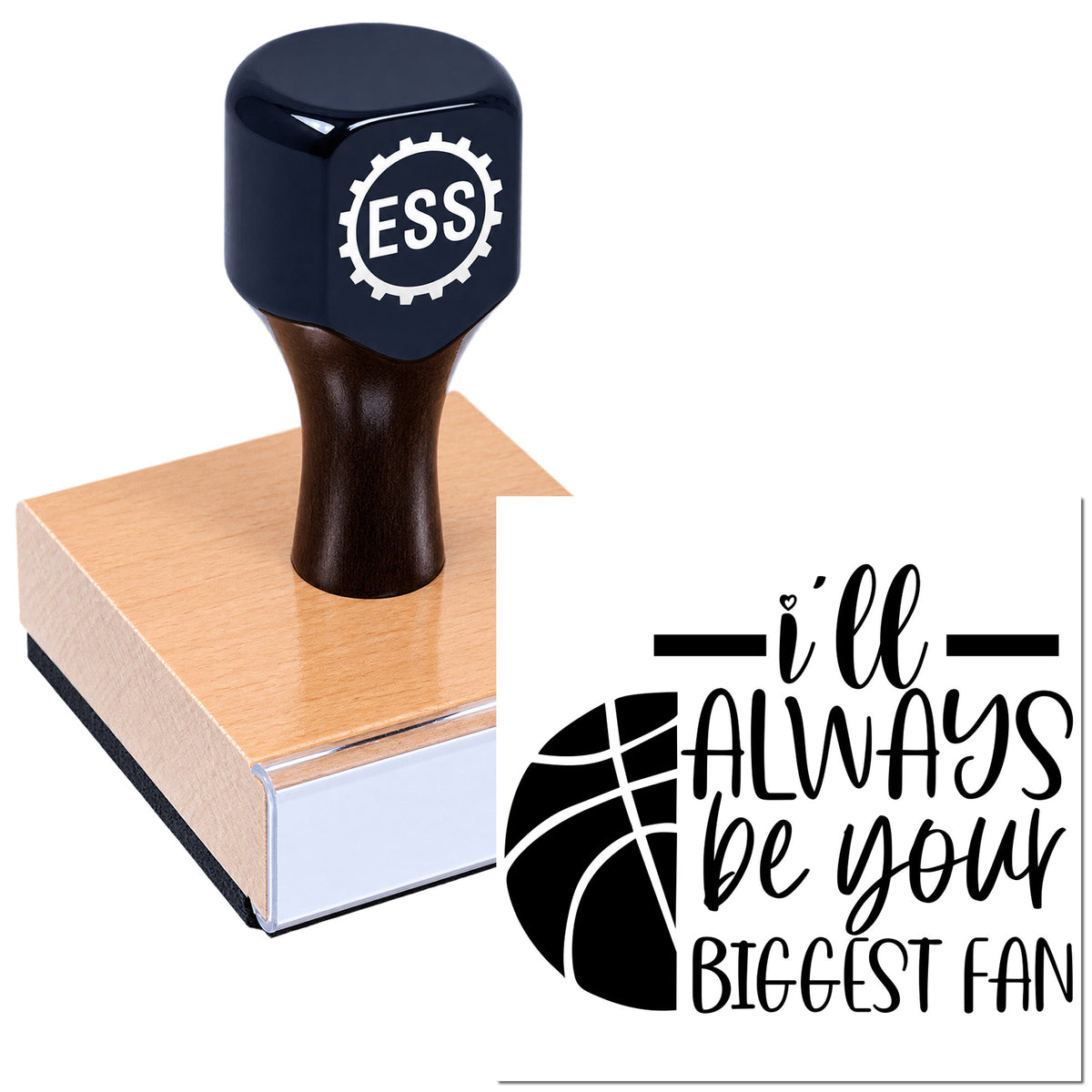 Navy custom stamp and seal set with ESS logo, wooden block, and black "I'll always be your biggest fan" design.
