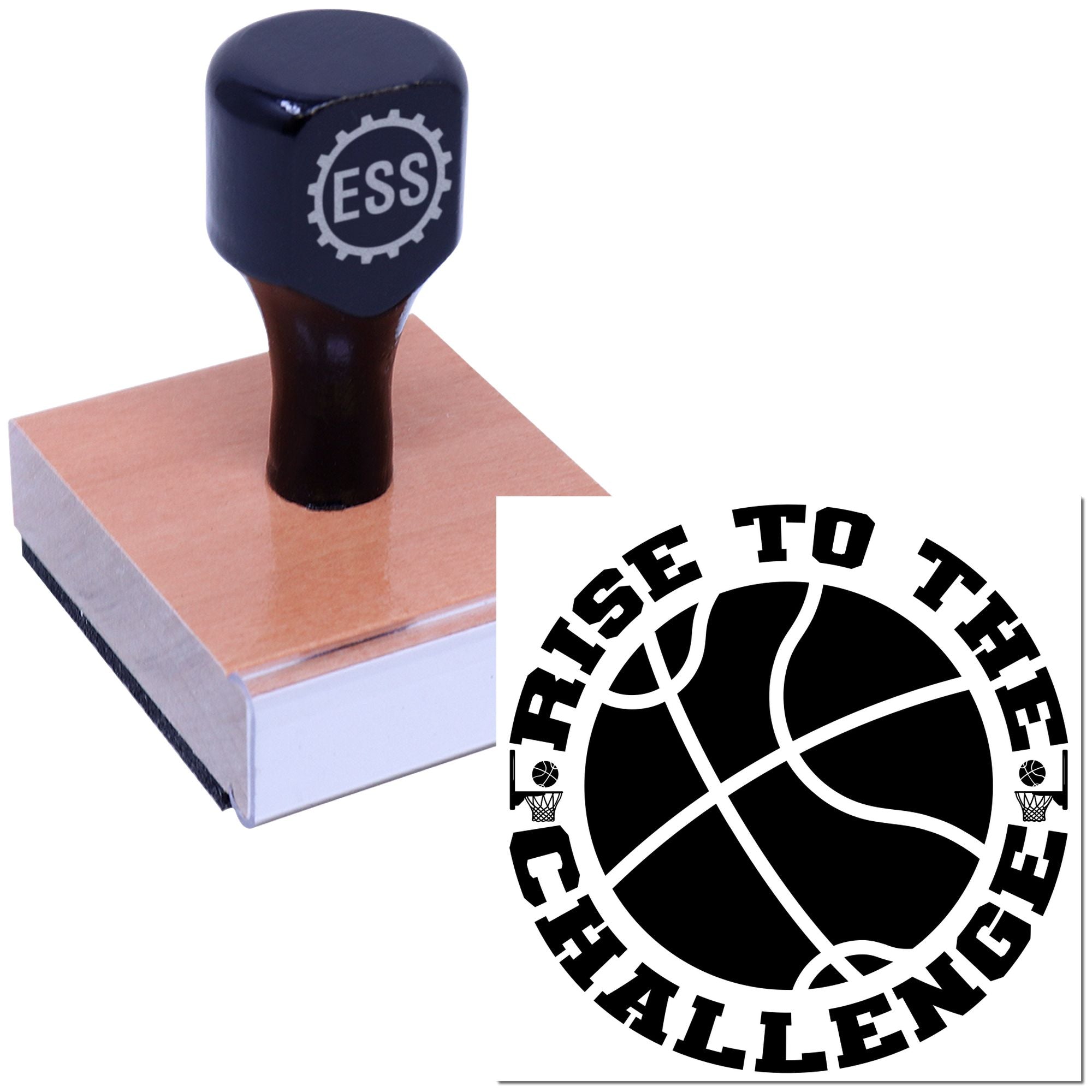 Dark blue ESS stamp and seal on a wooden base, with black basketball emblem and Rise to the Challenge text.