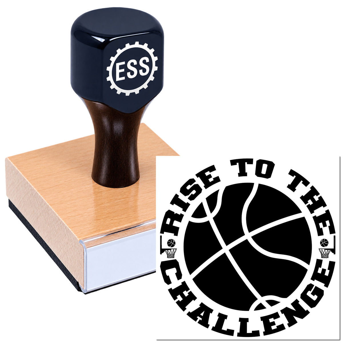 Dark blue ESS stamp and seal on a wooden base, with black basketball emblem and "Rise to the Challenge" text.