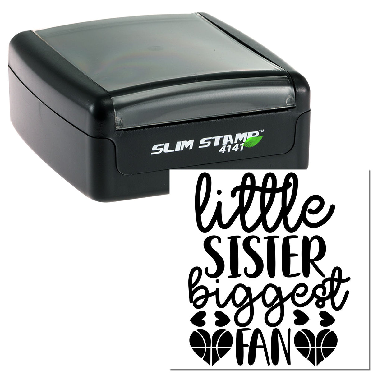 Black self-inking Slim Stamp 4141 with clear cap and little sister biggest fan seal design with hearts.