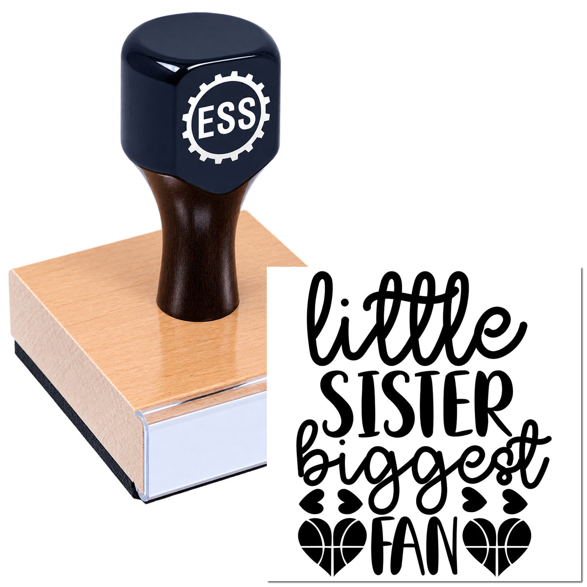 Dark blue ESS custom stamp and seal on a pink wooden block with black "little sister biggest fan" design and hearts.