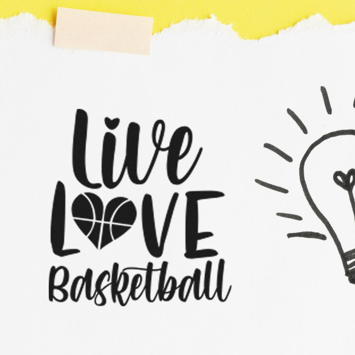 Black live love basketball stamp and seal design with heart-shaped basketball, white background, yellow torn edge and lightbulb outline.