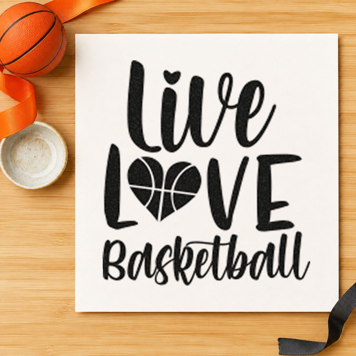 Live Love Basketball Heart craft stamp imprint in black ink on a handmade project, one idea being favor bag gift tags.