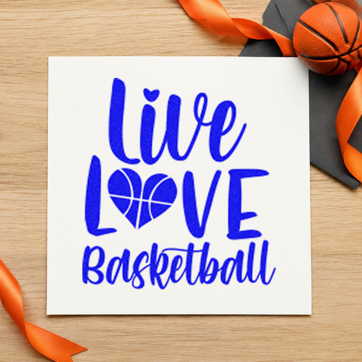 Live Love Basketball Heart craft stamp imprinted in blue ink on paper, a design suited to framed driveway post.
