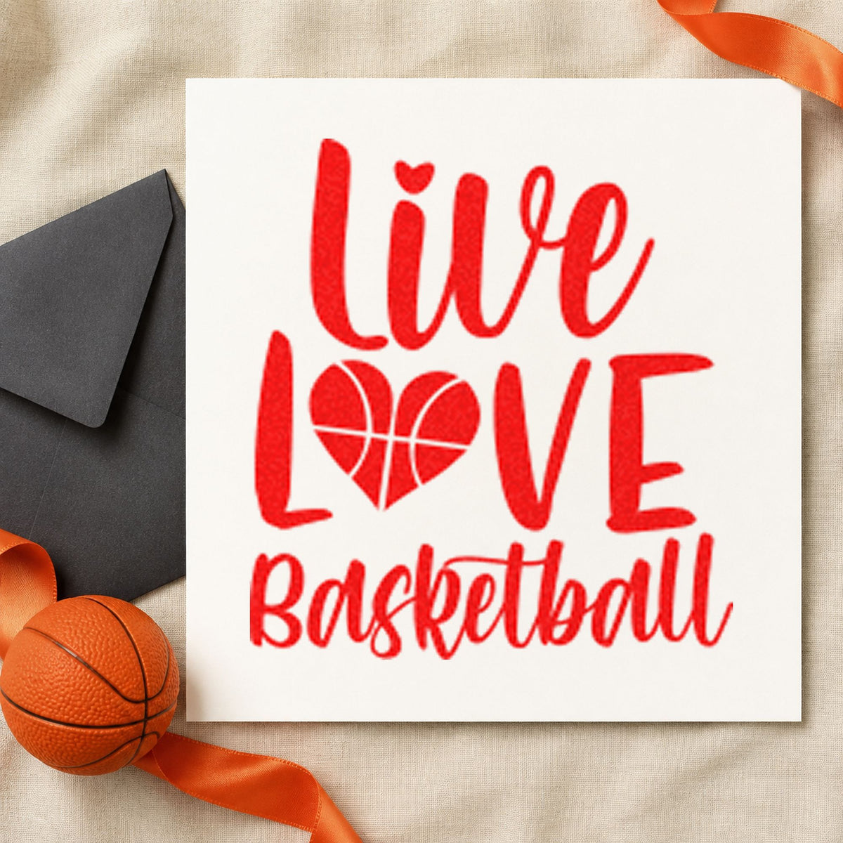 Live Love Basketball Heart rubber stamp shown in red ink, stamped for projects such as bin game labels.