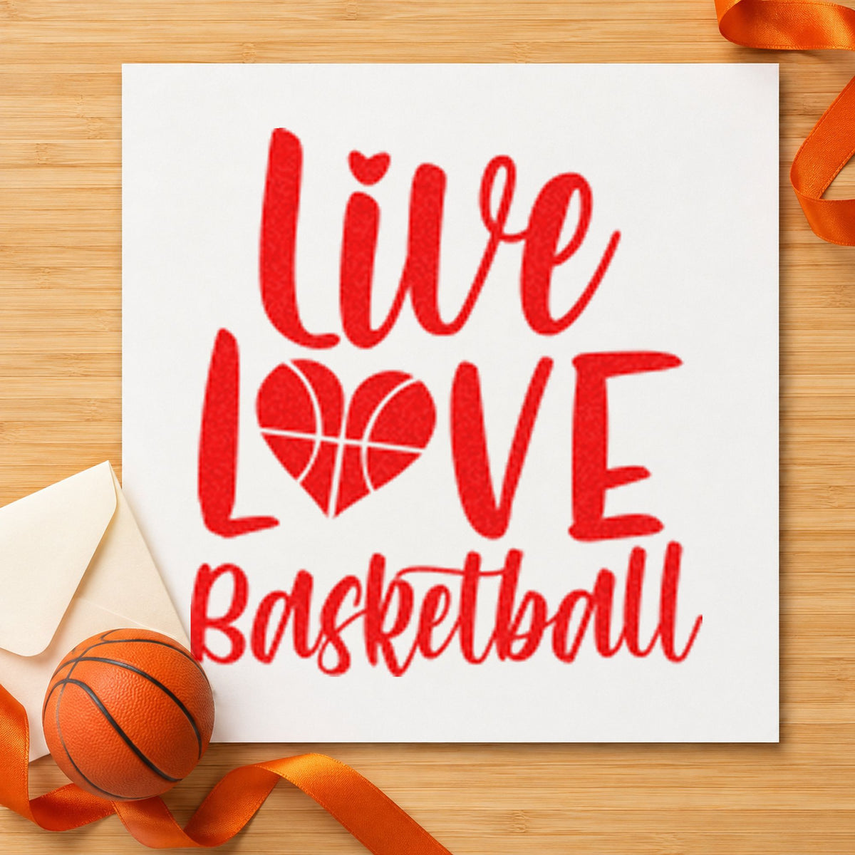 Live Love Basketball Heart craft stamp imprint in red ink on a handmade project, one idea being score card notes.