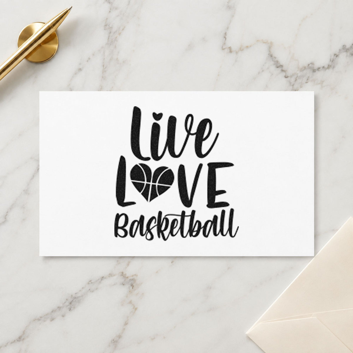 Live Love Basketball Heart rubber stamp printed in black ink, ready for heart letter cards and similar paper crafts.