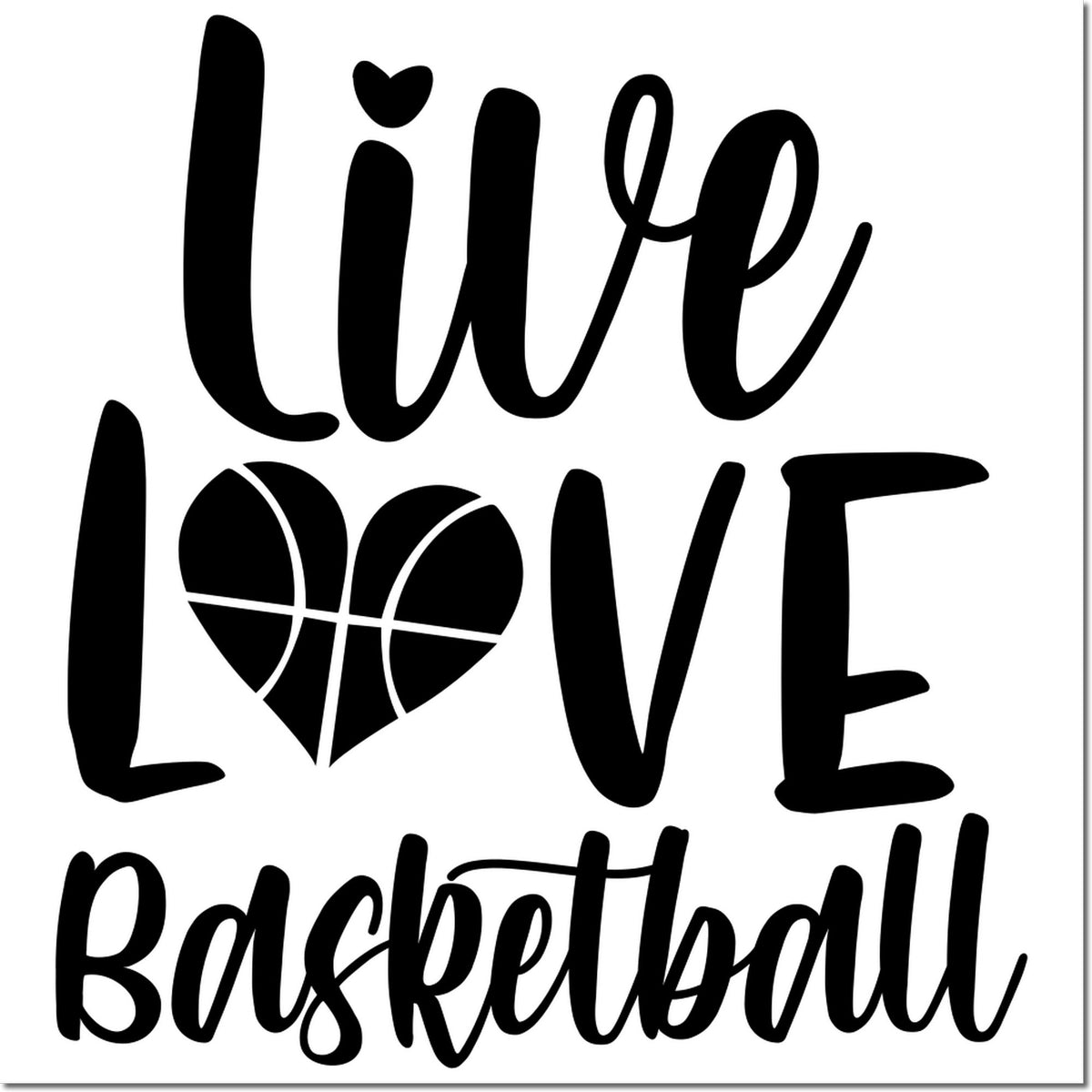 Black Live Love Basketball stamp and seal design with heart-shaped basketball graphic on white background.