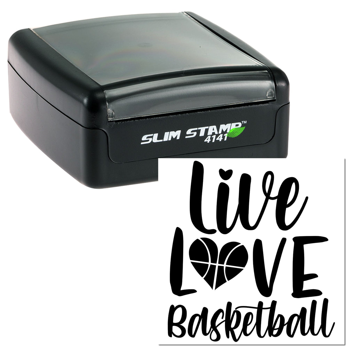 Black Slim Stamp 4141 self-inking seal with gray top and live love basketball design in bold black script and heart basketball.