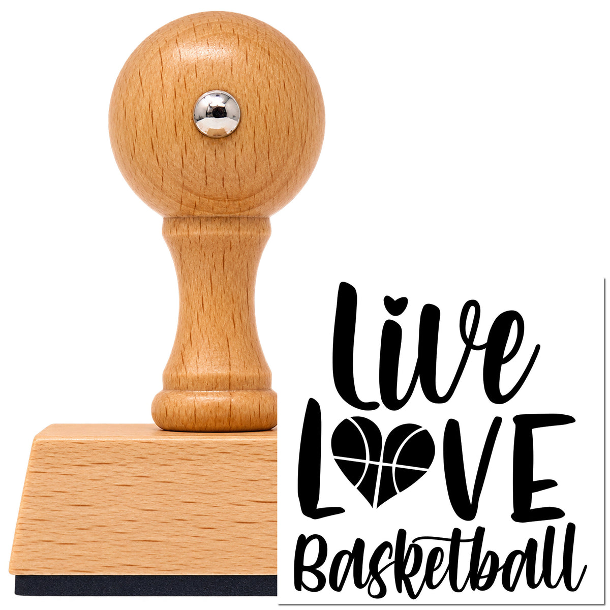 Vintage Pro beech wood stamp with a round knob handle, shown with its black Live Love Basketball Heart imprint on white.