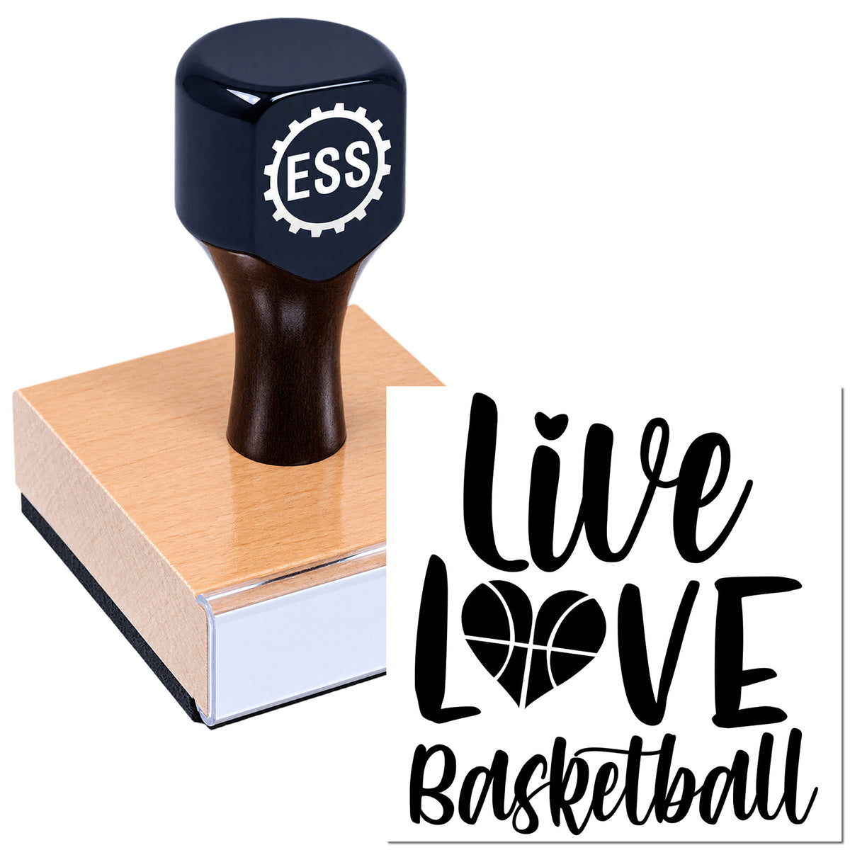 Black rubber stamp and seal with ESS logo, shown beside a copper block and "Live Love Basketball" design.