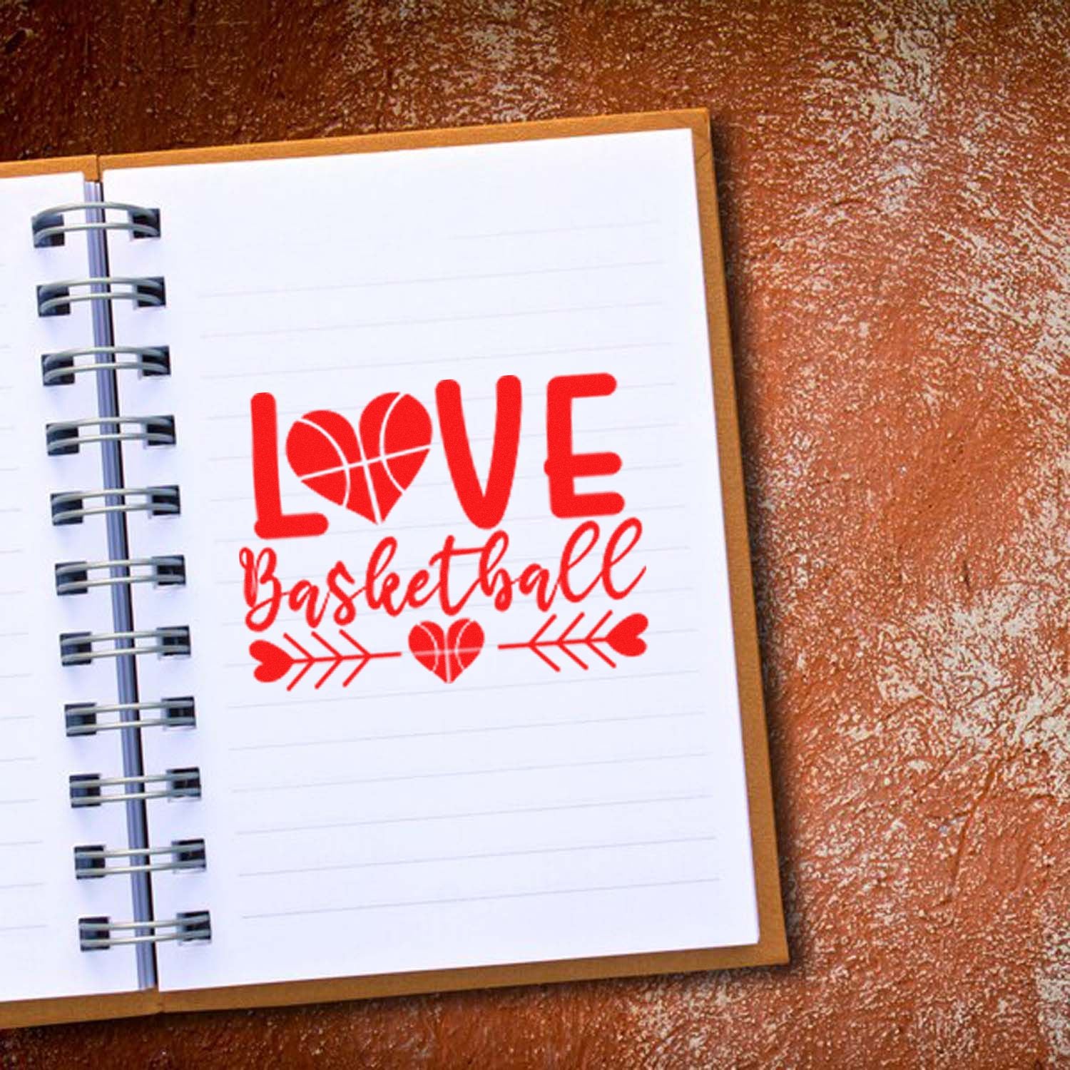 Red LOVE Basketball stamp design in bright red on white notebook paper, with heart basketball and arrow accents.
