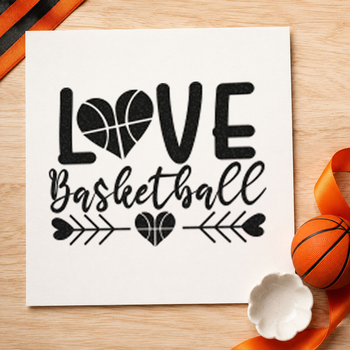 Love Basketball Heart Arrows craft stamp imprint in black ink on a handmade project, one idea being wrapped item tags.