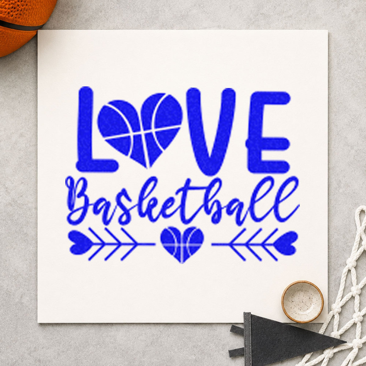 Love Basketball Heart Arrows craft stamp in blue ink on cardstock, an easy option for gift sack printing.