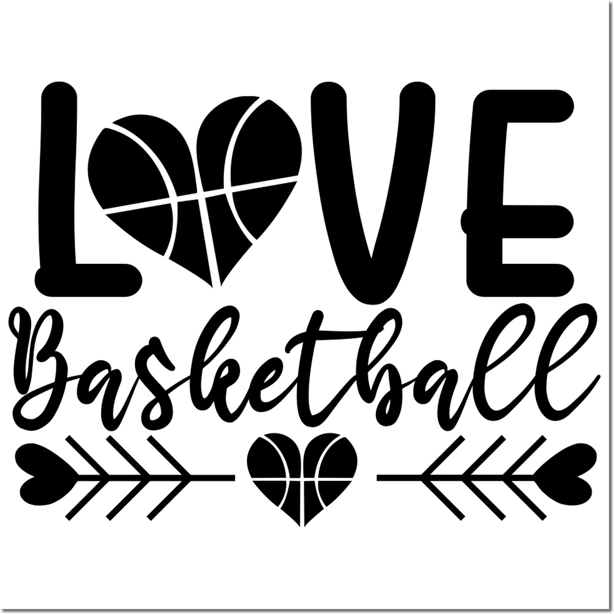 Black LOVE Basketball stamp design with basketball-shaped letters, script text, and heart-and-arrow accents