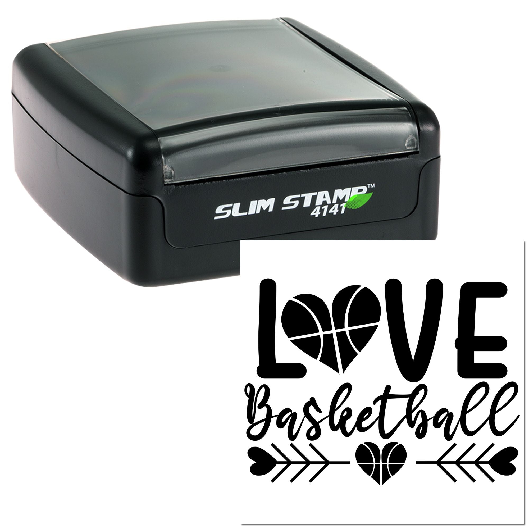 Black Slim Stamp 4141 with translucent gray cover and black LOVE Basketball seal design.