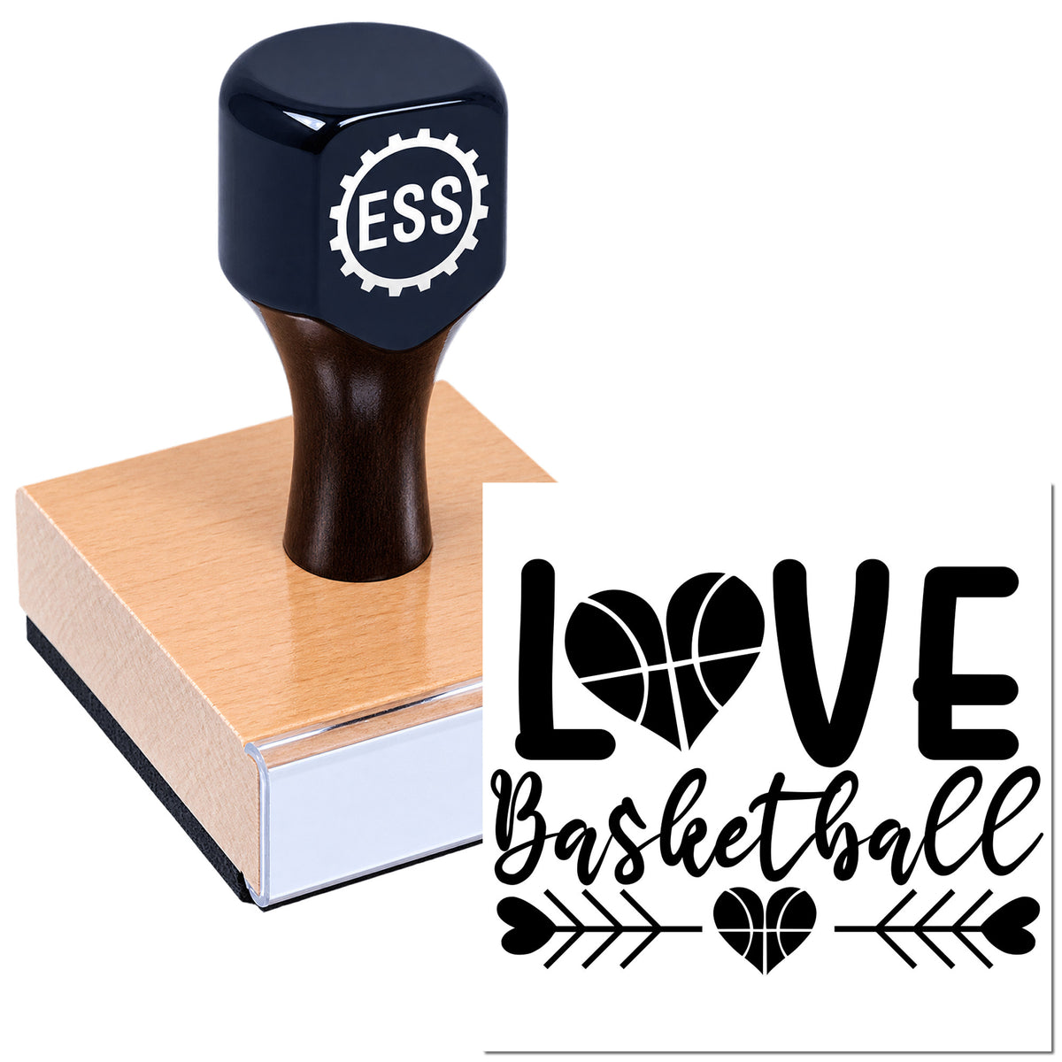 Dark navy ESS rubber stamp on wooden block, printing a black "Love Basketball" seal on white paper.