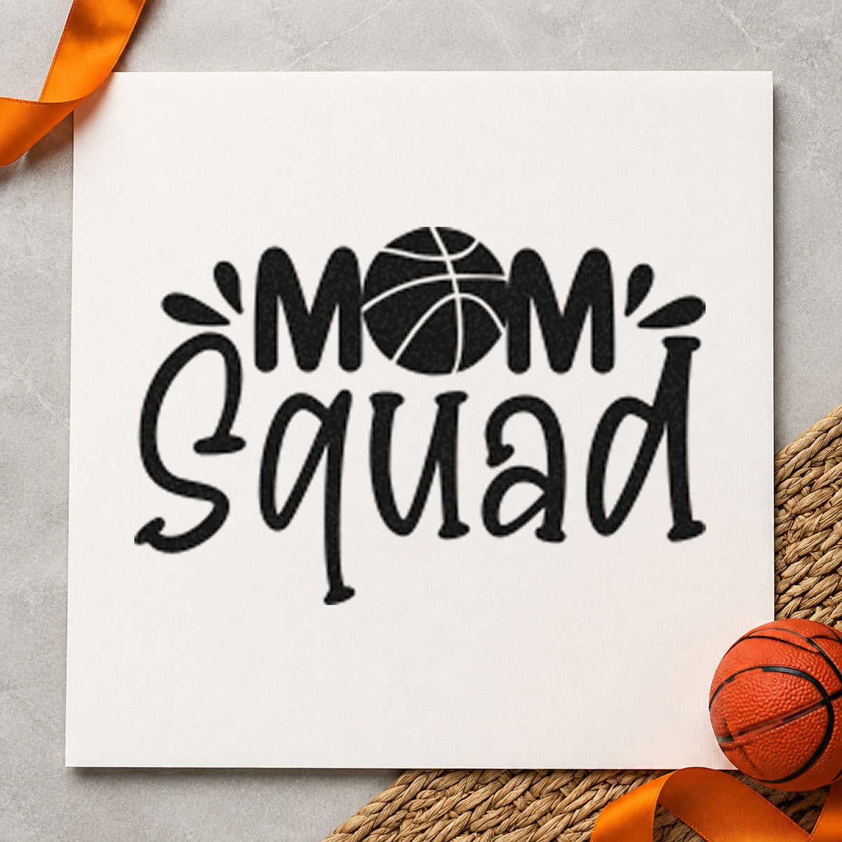 Basketball Mom Squad Lettering rubber stamp printed in black ink, ready for bake signup sheet and similar paper crafts.