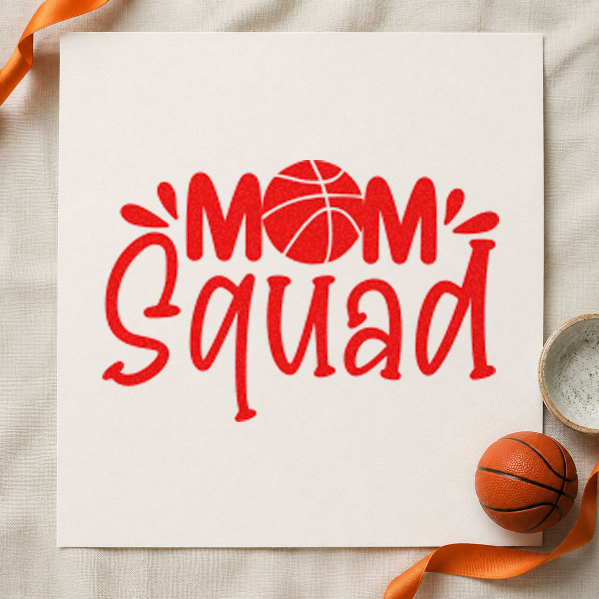 Basketball Mom Squad Lettering rubber stamp shown in red ink, stamped for projects such as bin item labels.