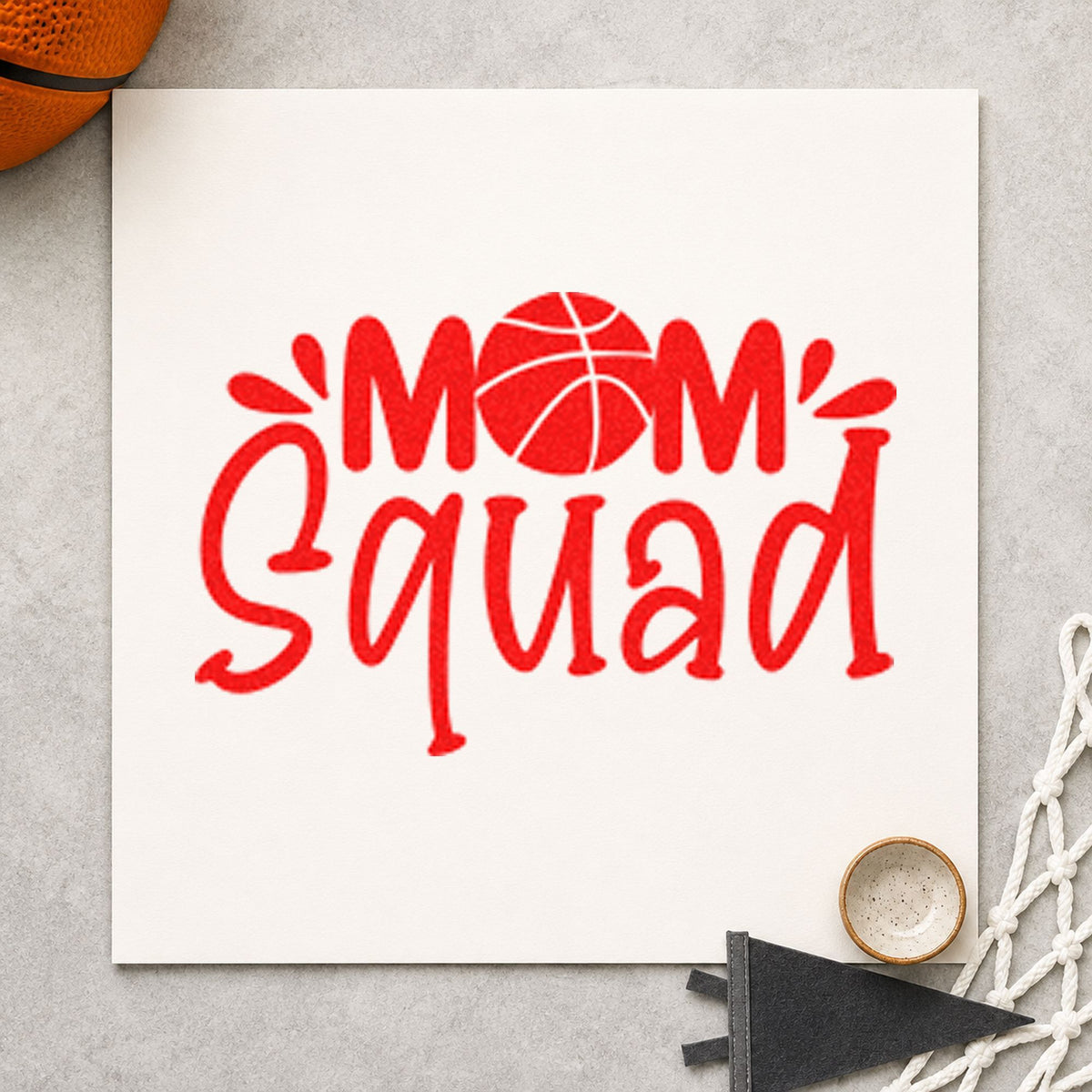 Basketball Mom Squad Lettering craft stamp imprint in red ink on a handmade project, one idea being price list cards.