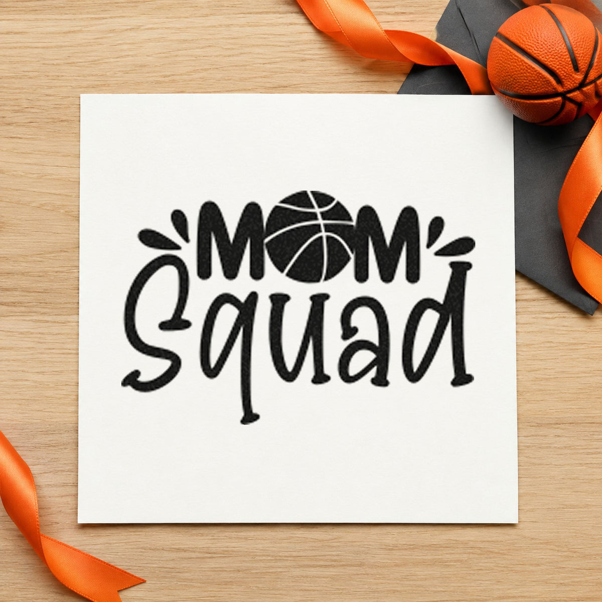 Basketball Mom Squad Lettering rubber stamp printed in black ink, ready for ball letter cards and similar paper crafts.